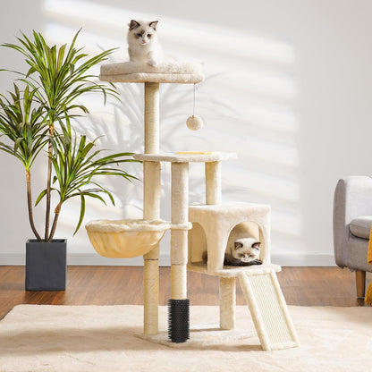 Heybly Cat Tree with Cat Self Groomer Brush, Cat Tower Condo for Indoor Cats with Padded Plush Perch, Cat House with Basket Scratching Board Post, Beige HCT005SM