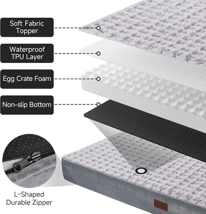 OhGeni Orthopedic Waterproof & Machine Washable Dog Bed for Large Pets, Suitable for Crates, 25D Egg Crate Foam, Non-Slip Bottom & Removable Cover, Houndstooth Fabric, 41 Inches(Gray)