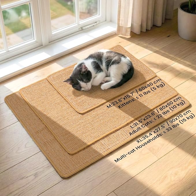 Cat Scratcher Mat,Sisal Cat Scratch Pad with Hook&Loop Tape,Wall Floor Kitten Scratching Pads Rug for Indoor,Furniture Protector for Couch&Carpets&Sofas,Kitty Bithday Gifts,Large,Brown,2 Pack