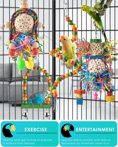 Bissap Conure Toys, 4 PCS Parrot Foraging Shredder Hanging Toys Sola Balls with Sand Hammer Perch Swing Climbing for Small Parrots Parakeets Conures Cockatiels Love Birds Cage Toy