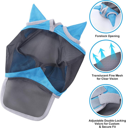 Horse Fly Mask with Ears & Long Nose Cover | Forelock Opening for Tangle-Free Mane Care | UV Protection & Breathable Mesh | No Rub Fit and Enhanced Visbility for Trail Riding Paleblue Full