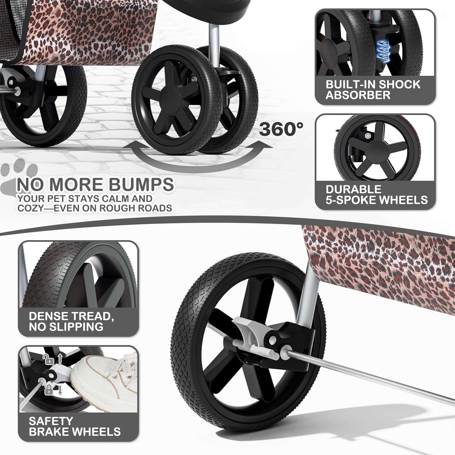 MoNiBloom 3 Wheels Pet Dog Cat Stroller for Small Medium Dogs Cats, Lightweight Foldable Jogger Stroller w/Storage Basket & Cup Holder, Leopard Print - Pawvie