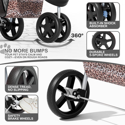 MoNiBloom 3 Wheels Pet Dog Cat Stroller for Small Medium Dogs Cats, Lightweight Foldable Jogger Stroller w/Storage Basket & Cup Holder, Leopard Print - Pawvie