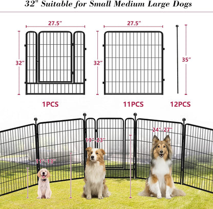 Dog Playpen 32 inch 12 Panels Indoor Dog Pen for Medium/Small Dogs Heavy Duty Metal Dog Fence Outdoor for Yard, Puppy Playpen with Door Portable Pet Fence for RV Camping Yard
