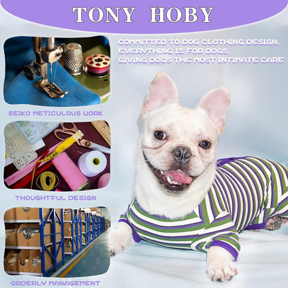 TONY HOBY Dog Pajamas, Knitted Dog Jumpsuit Shirt in Cold Weather, Dogs Surgical Recovery Suit for Small Medium Dogs (Purple&Green, Boy, S)