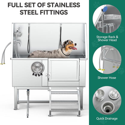 YITAHOME Professional Dog Bathtub 50in, Stainless Steel 304 Dog Bathing Station for Home, Pet Grooming Tub w/Right Stairs, Faucet, Floor Grate, Pet Washing Station for Large, Medium, Small Pets