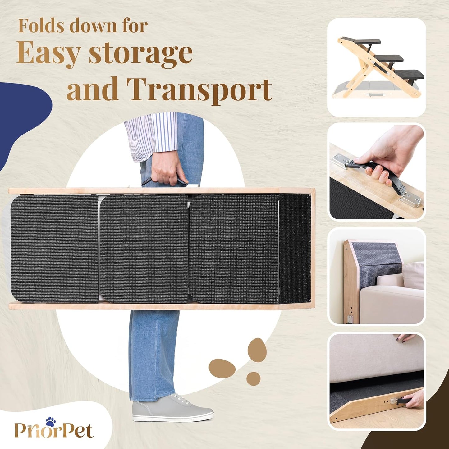 Dog Steps for Bed & Couch 2-in-1 Dog Stairs/Ramp - Height Adjustable Dog Ramp for Couch 7” - 20” - Pet Stairs, Dog Stairs for Small Dogs - Easy to Move Pet Steps with Landing Platform, Natural - Pawvie