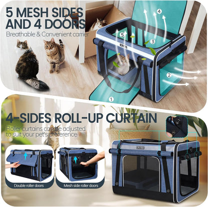 Petskd Extra Large Cat Carrier with Wheels and Litter Box, 24"x17"x17" Rolling Soft Carrier Until 55LBS Pets with 5 Breathable Mesh Windows and Locking Zippers for Long Distance Car Travel(Blue)