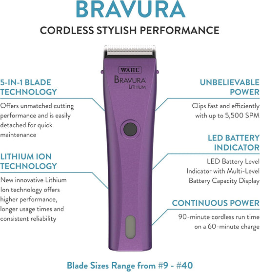 WAHL Professional Animal Bravura Lithium Ion Clipper - Pet, Dog, Cat, and Horse Corded/Cordless Clipper Kit, Purple (41870-0423)