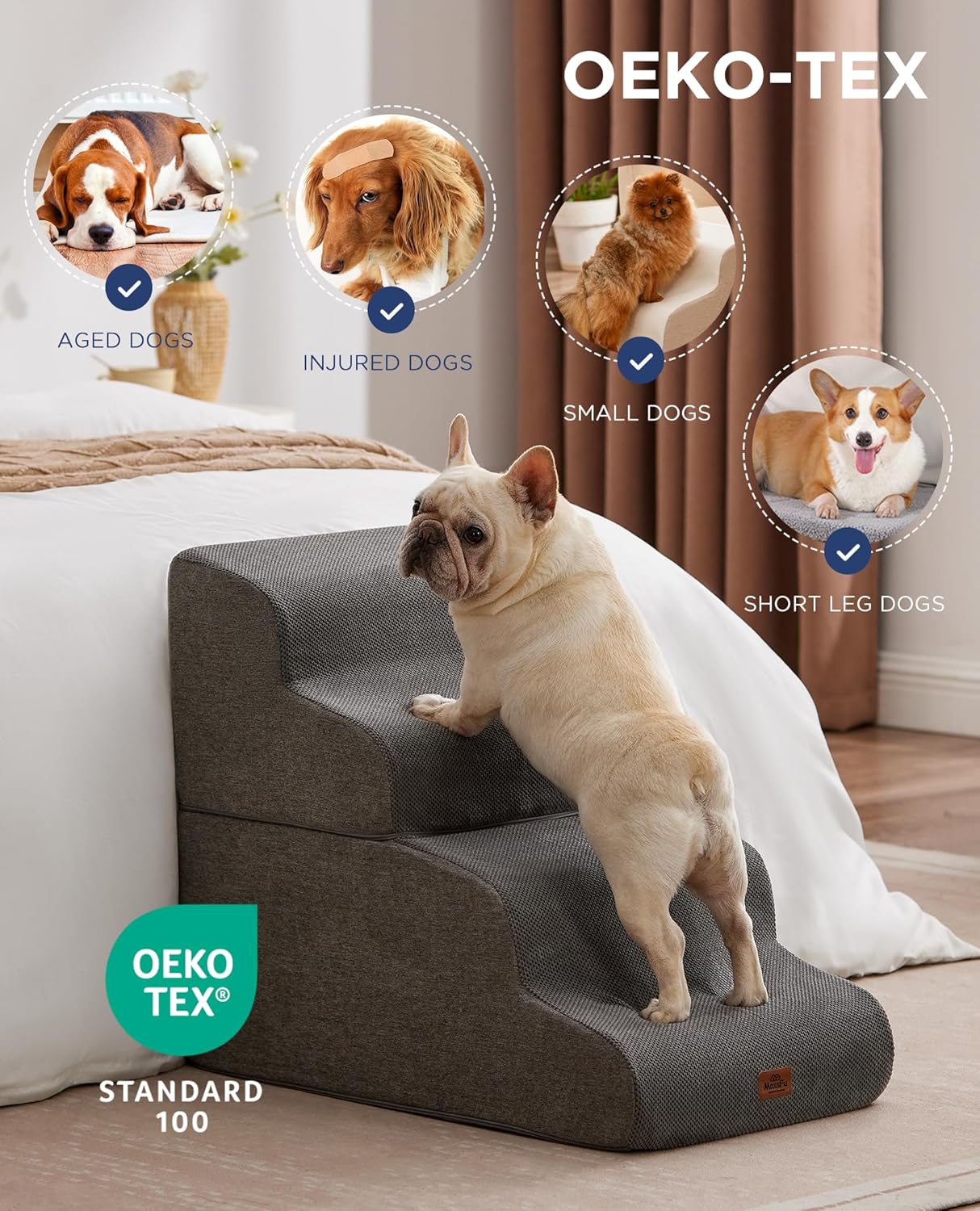 Beige Curved Dog Stairs Ramp for High Beds 28.7" H, 5-Step Dog Steps for Small Dogs and Cats, Pet Stairs for High Bed Climbing, Non-Slip Balanced Pet Step