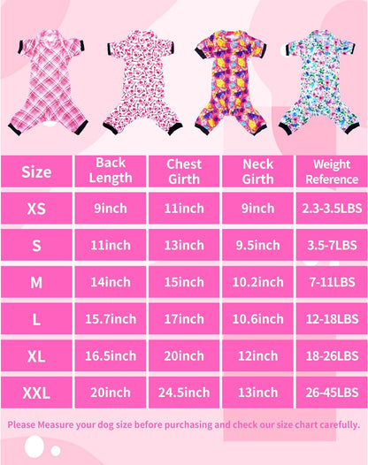 PET SHOW 4 Pack Small Dog Pajamas Cute Paw Bone Clothes Doggies Soft Stretchy PJs Plaid Jumpsuit Puppy Cats Floral Fruits Onesies Outfits with Sleeve Pets Dachshund Costume(XS, Pink for Girls)