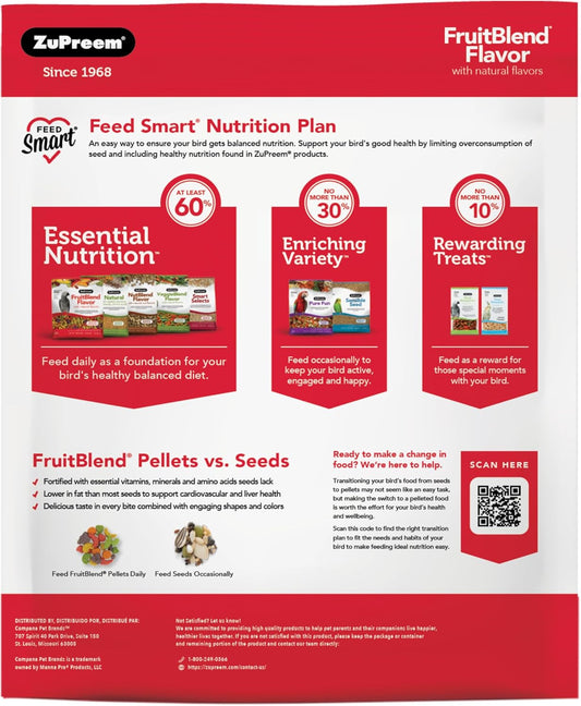 ZuPreem FruitBlend Bird Food, Bird Feed Pellets for Cockatiel, Lovebird, Quaker, Small Conure, Lorikeet, Core Nutrition with Natural Fruit, Cockatiel Food, Conure Feed, (Medium, 10 lb Bag)
