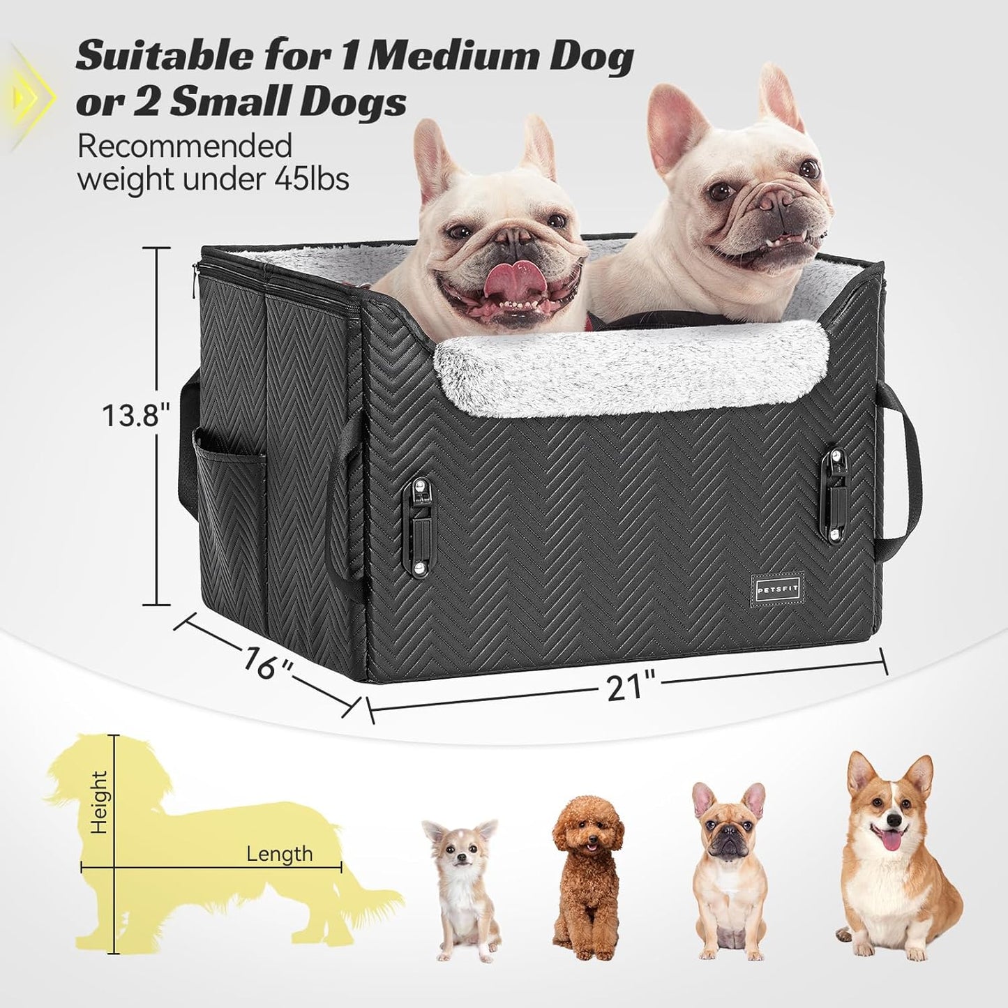 PETSFIT Dog Car Seat Medium Sized Dog, Waterproof PU Leather Dog Seat for Car with Patented Safe Buckles, 2 Clip-On Safety Leashes, Suitable for 2 Small Dogs (Medium, Black) - Pawvie