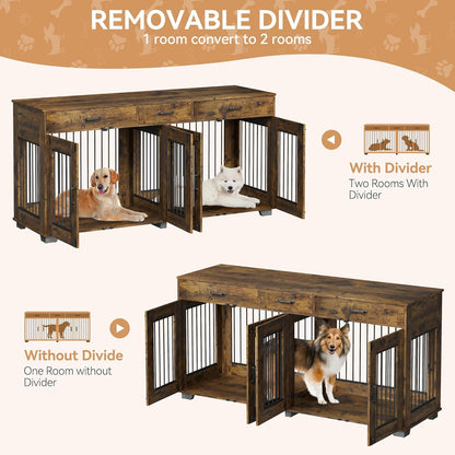 Dog Crate Furniture for 2 Dogs, 71 in XXL Indoor Dog Kennel with 3 Drawers and Removable Room Divider, Wooden Double Dog Crate TV Stand End Table with Double Doors for Large Medium Dogs, Rustic Brown