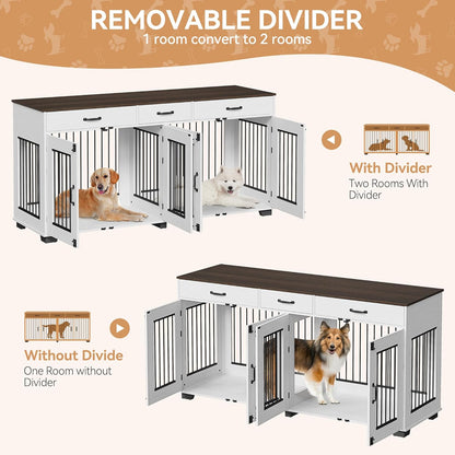 71'' Dog Crate Furniture, Wooden Indoor Dog Kennel for 2 Dogs with 3 Drawers and Removable Room Divider, XXL Double Dog Crate TV Stand End Table with Double Doors for Large Medium Dogs, White
