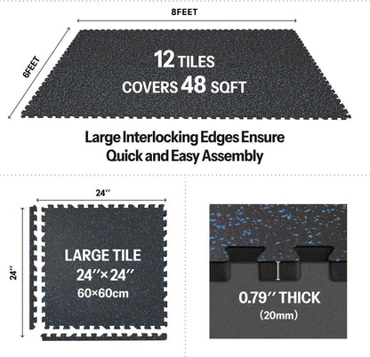 AIRHOP 0.79in Thick 48 Sq Ft Exercise Equipment Mats, 12 Tiles Upgraded Rubber Top with High Density EVA Foam, Large Interlocking Puzzle Gym Flooring for Home Gym, Heavy Weight Workout,Black & Blue