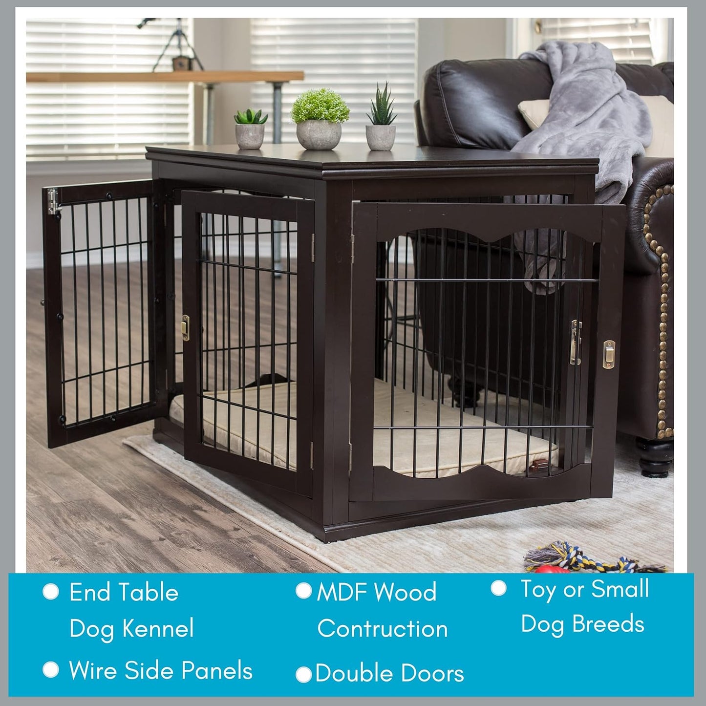 INTERNET'S BEST Decorative Dog Kennel with Pet Bed, Small Pet House, Double Door Indoor Crate, Engineered Wood & Wire Furniture, Side Table & Nightstand, Fits Small Dogs - Espresso