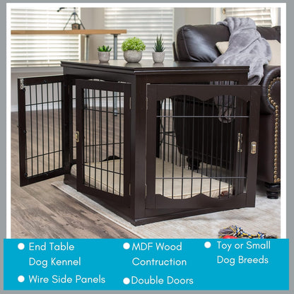 INTERNET'S BEST Decorative Dog Kennel with Pet Bed, Small Pet House, Double Door Indoor Crate, Engineered Wood & Wire Furniture, Side Table & Nightstand, Fits Small Dogs - Espresso