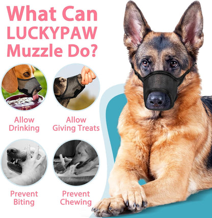 LUCKYPAW Dog Muzzle, Mesh Muzzle for Large Medium Small Dogs, Soft Mouth Guard for Biting Chewing, Breathable Mouth Cover with Adjustable Hook and Loop for Training, Grooming(Black, S)
