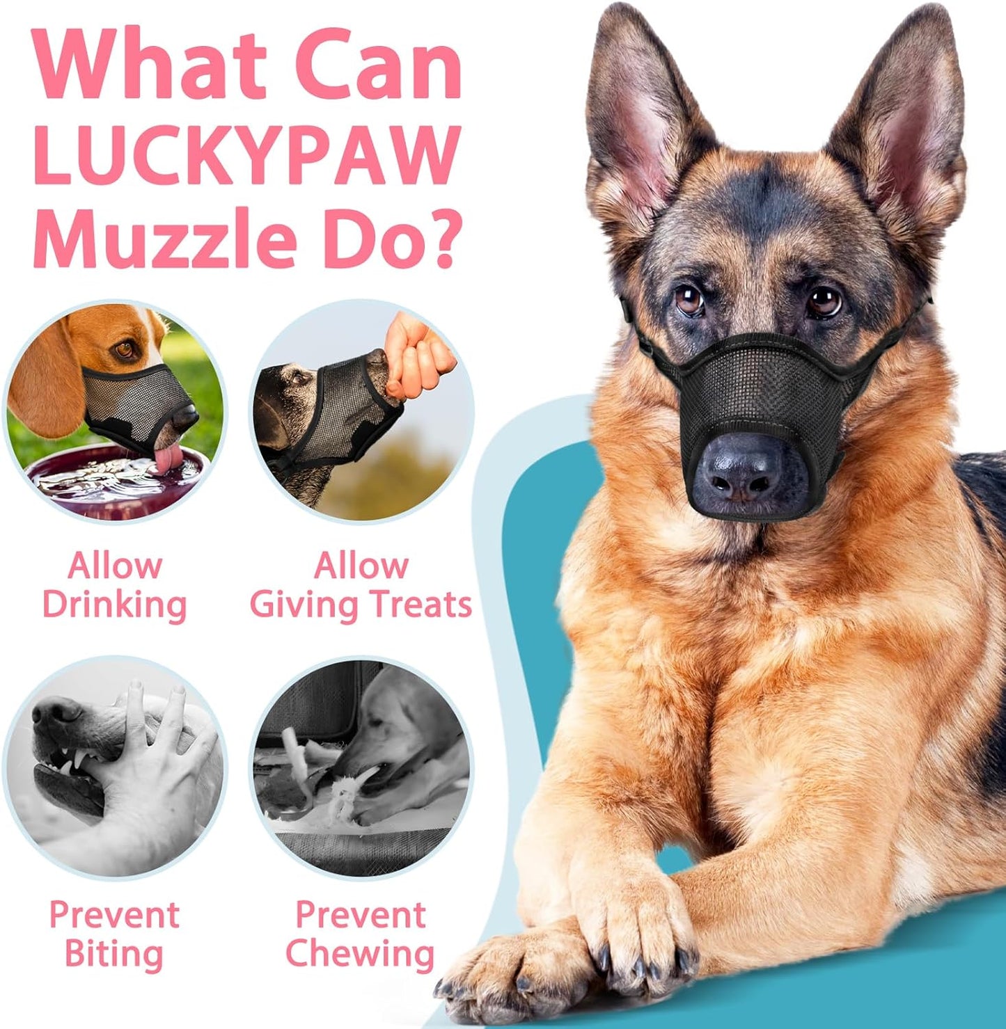 LUCKYPAW Dog Muzzle, Mesh Muzzle for Large Medium Small Dogs, Soft Mouth Guard for Biting Chewing, Breathable Mouth Cover with Adjustable Hook and Loop for Training, Grooming(Black, XS)