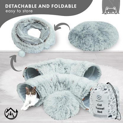 Large Cat Tunnel Bed for Indoor Cats Warm Fluffy Plush Cat Cave Tunnel Bed Collapsible, Washable, 3 Way and Multifunctional with Dangling Balls for Cats, Kittens and Rabbits- Gray