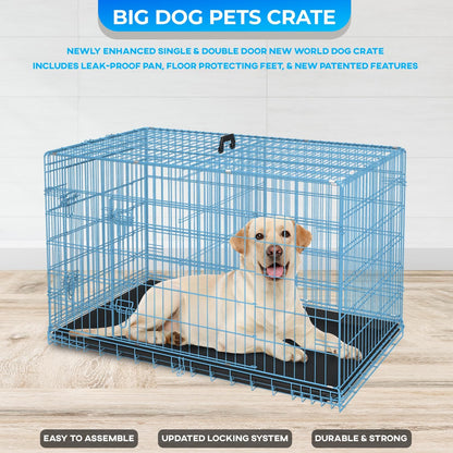 FDW Dog Crate for Large Dogs 42 Inch Folding Metal WirePet Cage Double Door W/Divider Panel Indoor Outdoor Kennel Leak-Proof Plastic Tray,Blue