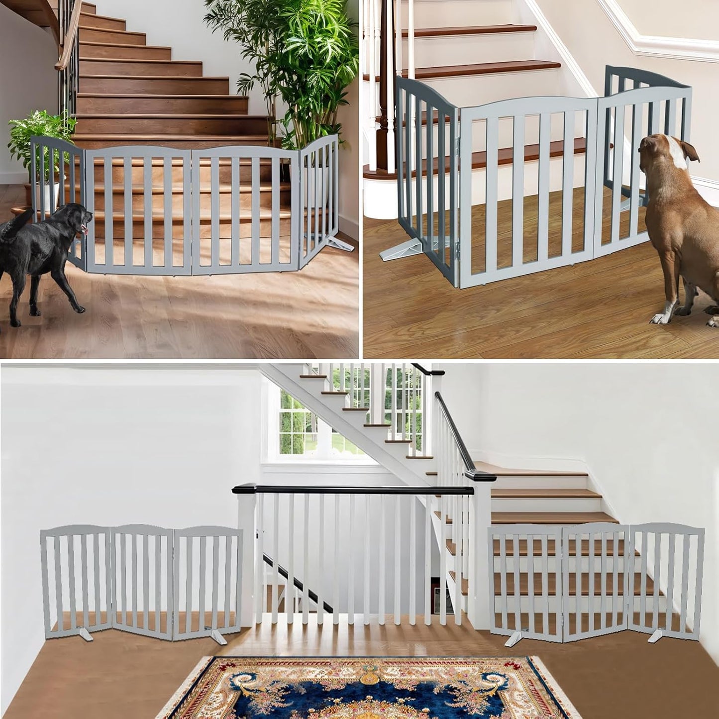 ZJSF Foldable Freestanding Indoor Dog Gate for House Wood Long Pet Gates Dog Fence for Stairs Puppy Gates for Hallways, Puppy Gate,Support Feet Included, Grey, 24 "Height-4 Panels