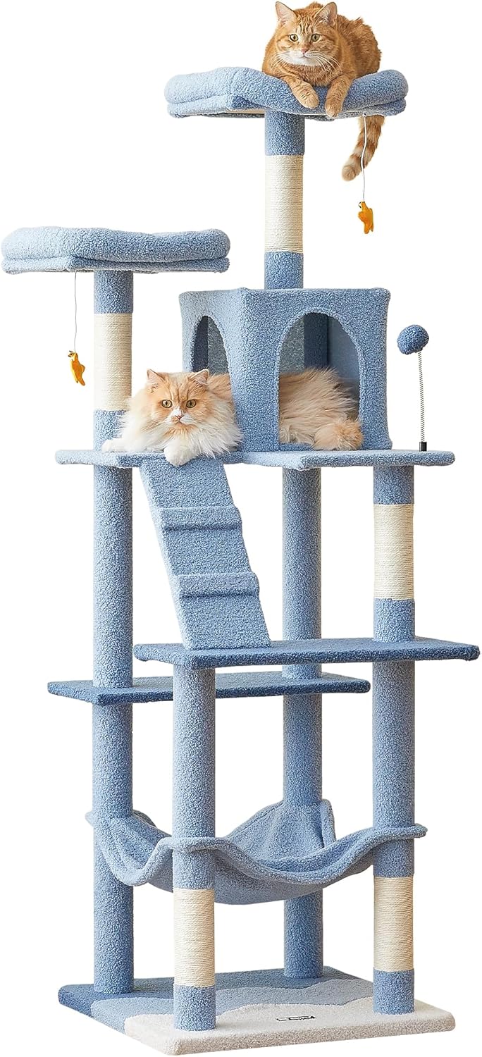 MWPO Ocean-Themed Cat Tree, 70.1-Inch Multi-Level Tall Tower for Indoor Cats, Plush Cat Condo with Big Padded Perches, Sisal-Covered Scratching Posts, Hammock, Toys for Kittens, Blue