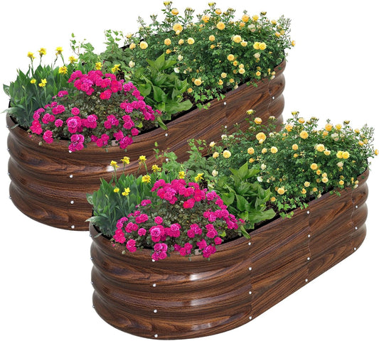 SnugNiture Galvanized Raised Garden Bed Outdoor, 2 Pcs 4x2x1ft Oval Metal Planter Box for Planting Plants Vegetables, Brown