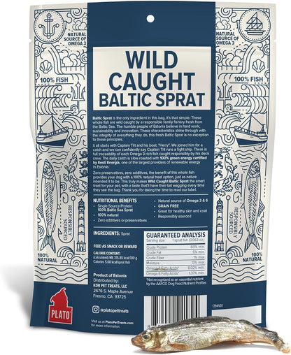 PLATO Pet Treats Fish Dog Treats - Air-Dried, Single Ingredient Dog Treat - with Omega 3 & 6 Fatty Acids to Support Skin and Coat - 100% Whole Fish - Wild Caught Baltic Sprat Dog Treats - 7.5 oz