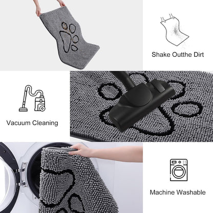 Smiry Dog Door Mat for Muddy Paws, Absorbent Dirt Trapper Non Slip Quick Dry Washable Chenille Mat for Mud Dogs, Entry Rug for Indoor and Outdoor (48x30 Inches, Dark Grey and Black)