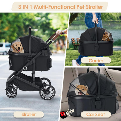 Pet Stroller with 4 Wheels, 3 IN 1 Folding Puppy Strollers for Small/Medium Dogs Cats up to 50lbs, Lightweight Pet Travel Carrier with Detachable Cushion, Storage Basket and Cup Holder, Black - Pawvie