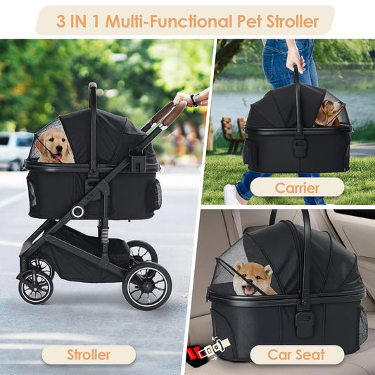Pet Stroller with 4 Wheels, 3 IN 1 Folding Puppy Strollers for Small/Medium Dogs Cats up to 50lbs, Lightweight Pet Travel Carrier with Detachable Cushion, Storage Basket and Cup Holder, Black - Pawvie