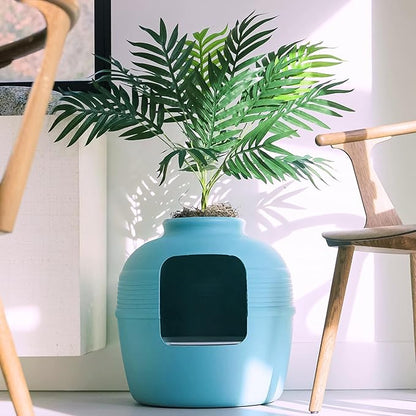 Good Pet Stuff Hidden Litter Box Planter, Decorative Cat Litter Enclosure with Carbon Filter, Artificial Plant, Easy Clean, Indoor Design, Original Round Style, Essentials Kit, Caribbean Blue