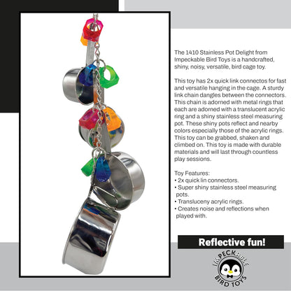 1410 Stainless Pot Delight from Parrots Cockatiels Conures Budgies Macaws Lovebirds African Greys Parrot Toys Stainless Foraging Chew Treat Noise-Making Fun Sensory Enrichment.