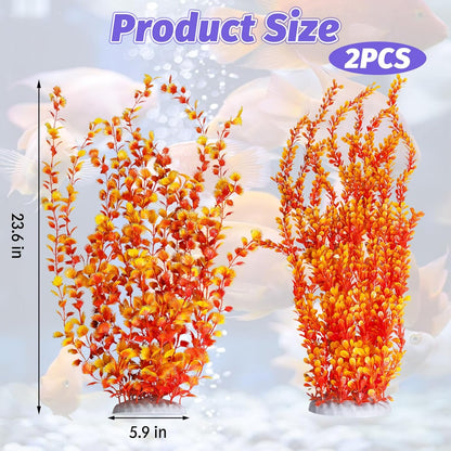 Hamiledyi Aquarium Plastic Plants Aquarium Decor Artificial Fish Tank Plants,Tall Fish Tank Decorations, Extra Large Aquarium Plant 23.6-inch Tall,2PCS（Orange Style B）