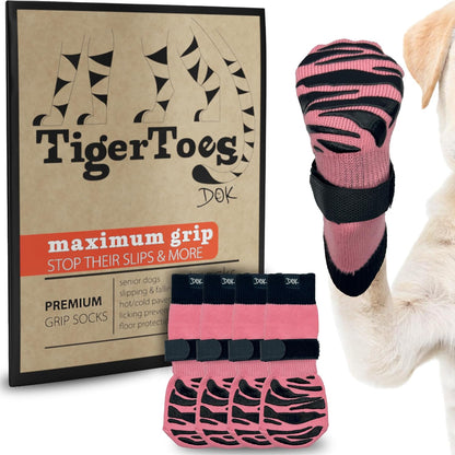 DOK TigerToes Premium Non-Slip Dog Socks for Hardwood Floors - Extra-Thick Grip That Works Even When Twisted - Prevents Licking, Slipping, and Great for Dog Paw Protection (Sassy Pink, Medium)