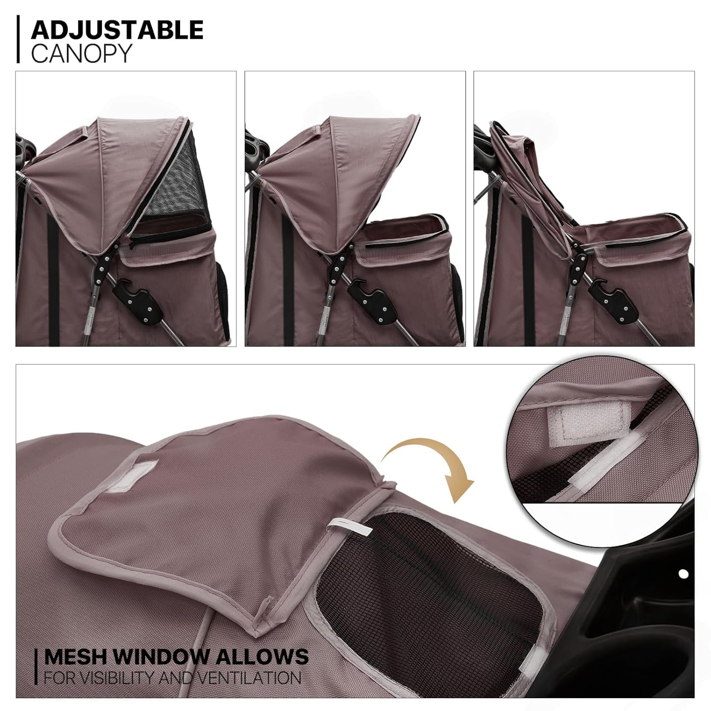 MoNiBloom Foldable Dog Strollers for Small Dogs with Weather Cover, 3 Wheels Pet Strolling Cart for Dogs and Cats with Storage Basket and Cup Holder, Breathable and Visible Mesh for All-Season, Coffee - Pawvie