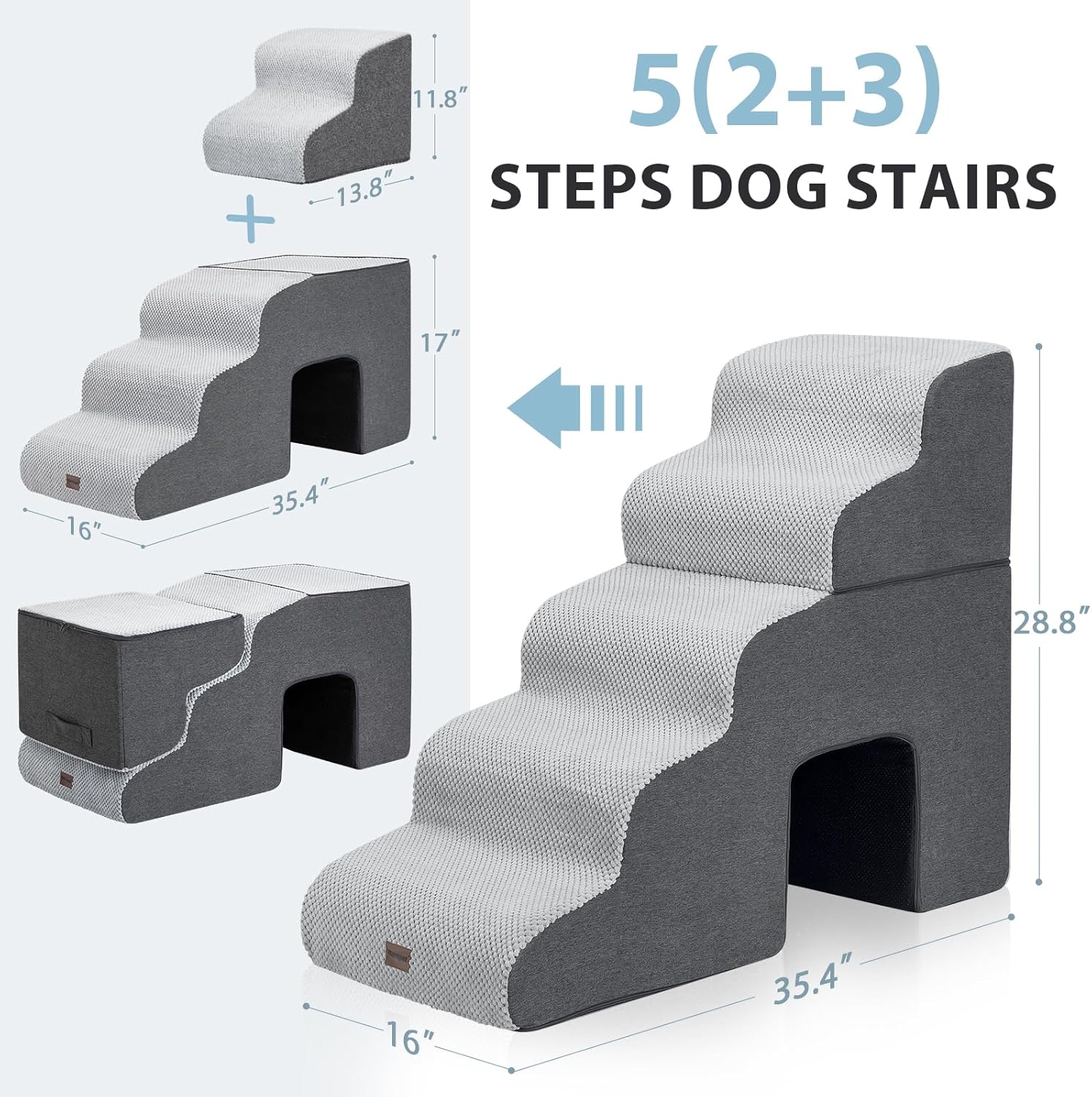 Dog Stairs for High Beds with Tunnel, 5-Step Dog Steps for Small Dogs and Cats, Foldable Pet Stairs for High Bed Climbing, Non-Slip Balanced Pet Step Indoor, Light Grey - Pawvie