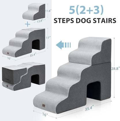 Dog Stairs for High Beds with Tunnel, 5-Step Dog Steps for Small Dogs and Cats, Foldable Pet Stairs for High Bed Climbing, Non-Slip Balanced Pet Step Indoor, Light Grey - Pawvie