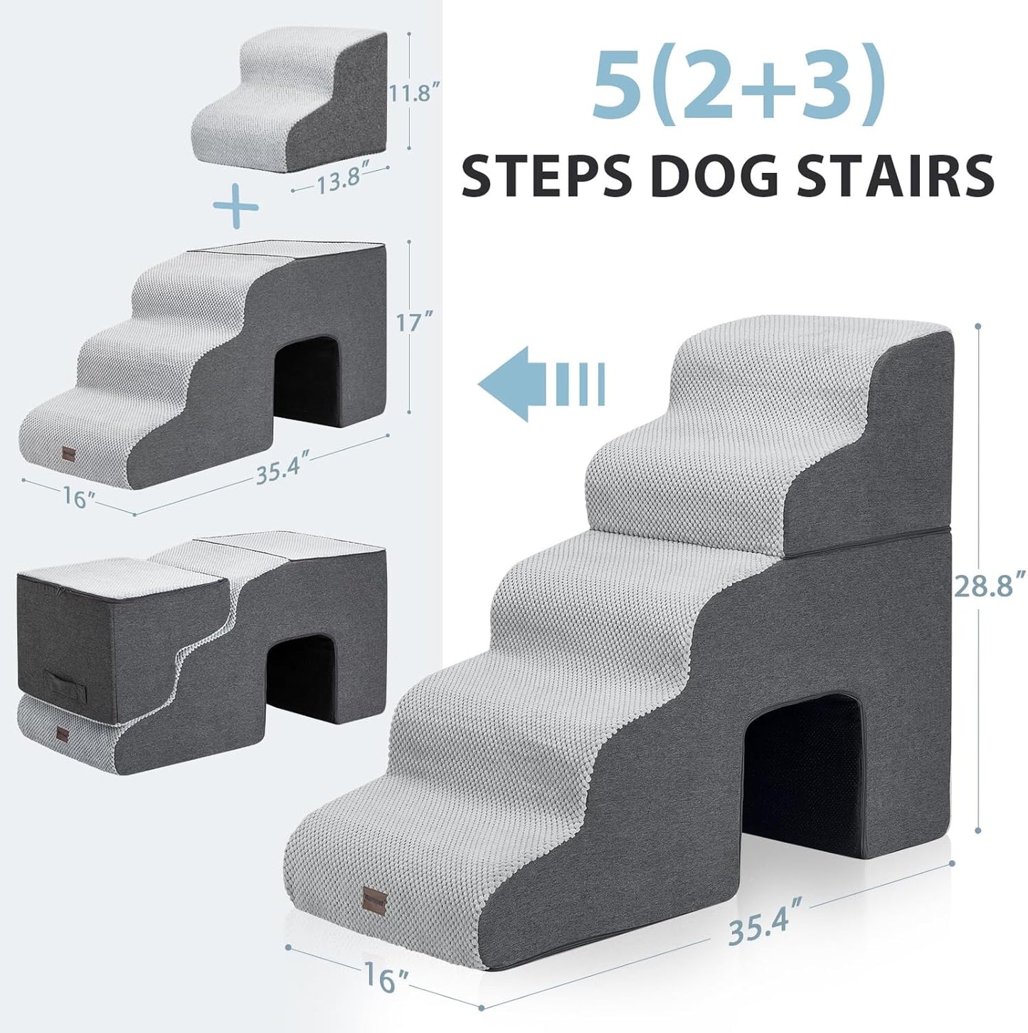 Dog Stairs for High Beds with Tunnel, 5-Step Dog Steps for Small Dogs and Cats, Foldable Pet Stairs for High Bed Climbing, Non-Slip Balanced Pet Step Indoor, Dark Grey - Pawvie