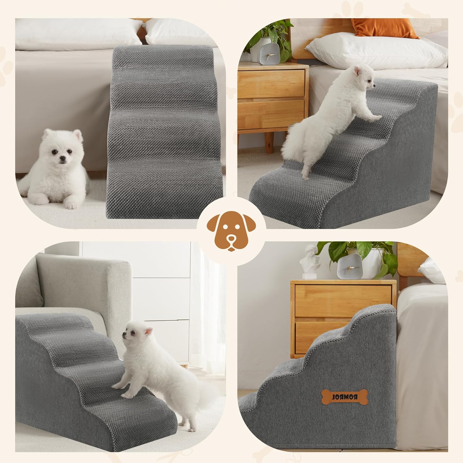 Romrol Dog Stairs Ramp for High Beds Couches, 33D High Density Foam Pet Steps with Durable Non-Slip Waterproof Fabric Cover, Dog Stairs for Small Dogs or Cats or Pets, 4-Step,Grey - Pawvie