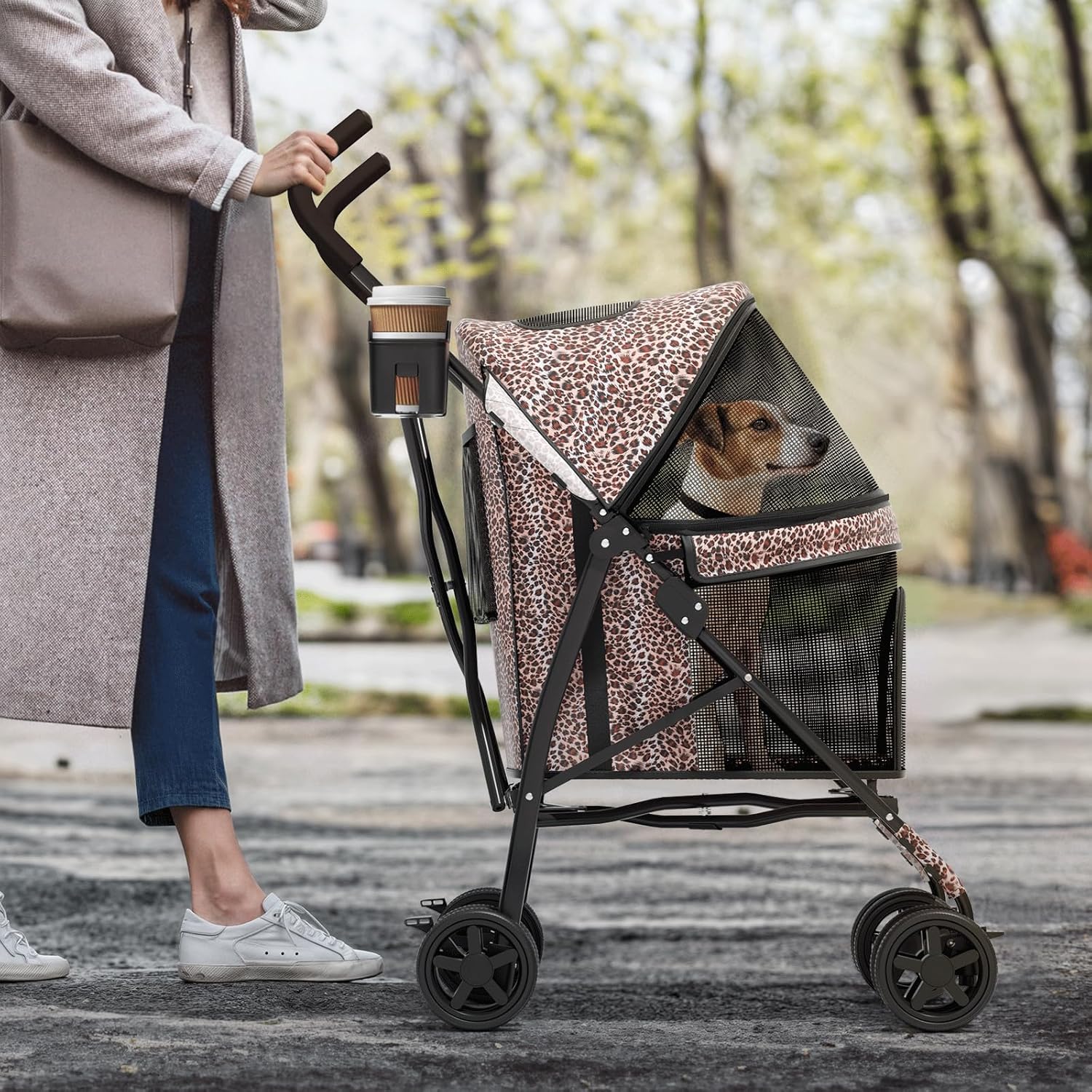 MoNiBloom 4 Wheels Pet Stroller, Easy-Fold Umbrella Shaped Dog Cat Jogger Stroller w/Storage Bag & Visible Mesh for Small/Medium Dogs Cats Leopard Print - Pawvie