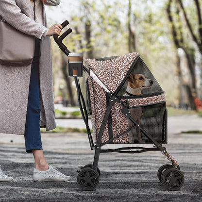 MoNiBloom 4 Wheels Pet Stroller, Easy-Fold Umbrella Shaped Dog Cat Jogger Stroller w/Storage Bag & Visible Mesh for Small/Medium Dogs Cats Leopard Print - Pawvie