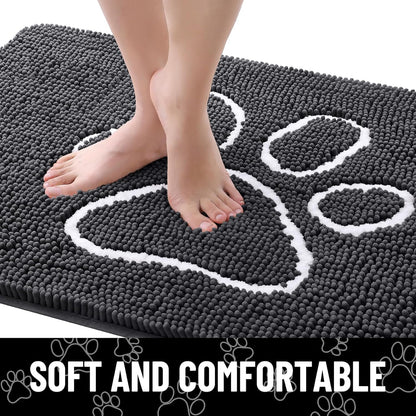 Smiry Dog Door Mat for Muddy Paws, Absorbent Dirt Trapper Non Slip Quick Dry Washable Chenille Mat for Mud Dogs, Entry Rug for Indoor and Outdoor (70x24 Inches, Dark Grey and White)