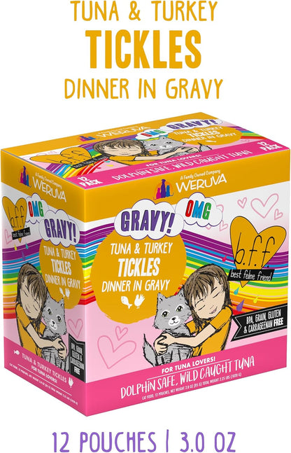Weruva B.F.F. OMG - Best Feline Friend Oh My Gravy!, Tuna & Turkey Tickles with Tuna & Turkey in Gravy Cat Food, 3oz Pouch (Pack of 12)