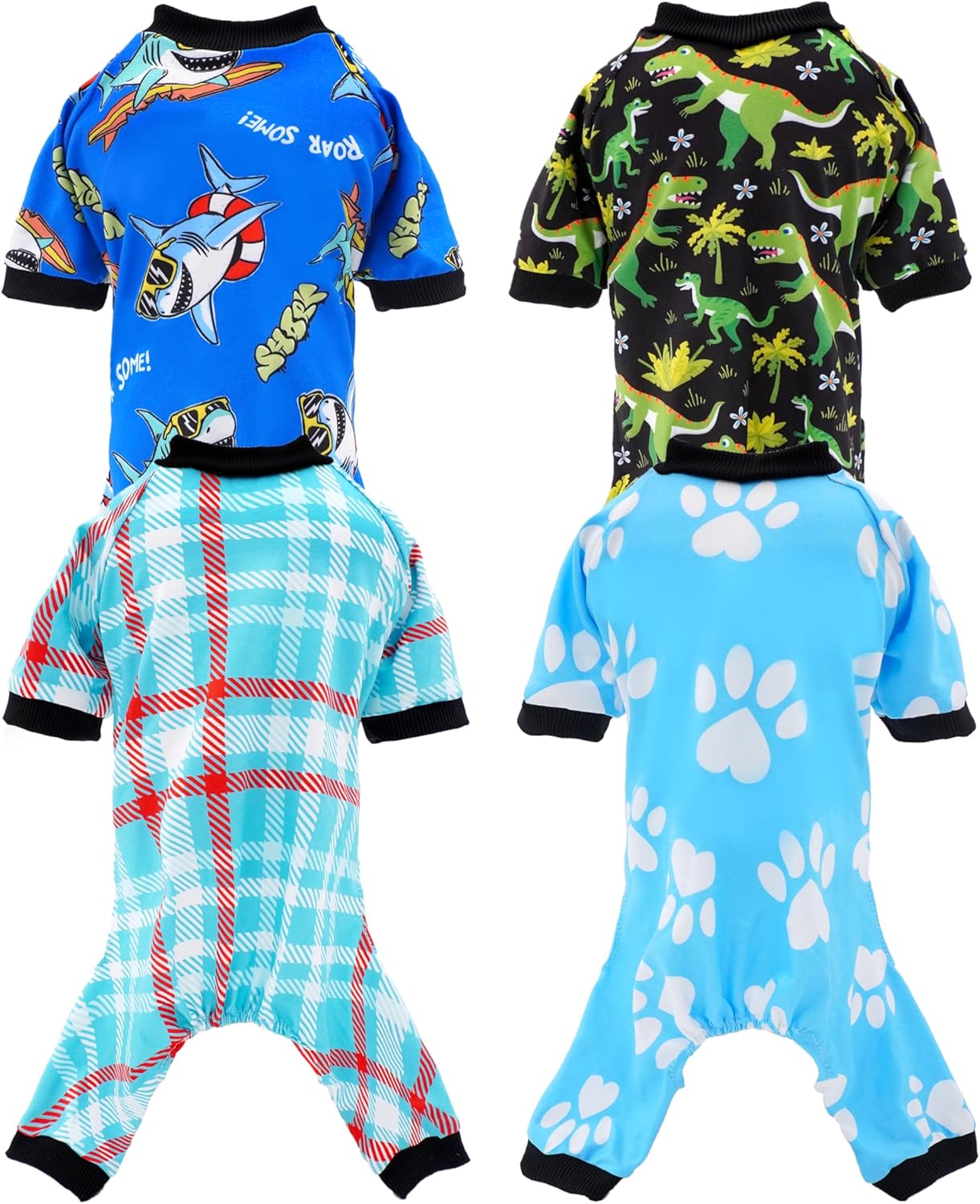 PET SHOW 4 Pack Small Dog Pajamas for Boy Doggies Dinosaur Shark Soft Stretchy PJs Plaid Jumpsuit Puppy Cats Paw Onesies Outfits with Sleeve Pets Breathable Summer Clothes Costume M