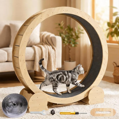 Cat Wheel for Indoor Cats, 46" Large Cat Exercise Wheel with Detachable Carpet, Silent Cat Treadmill with Safety Lock for Small & Adult Cats, Quiet for Nighttime Use, Natural Wood Color
