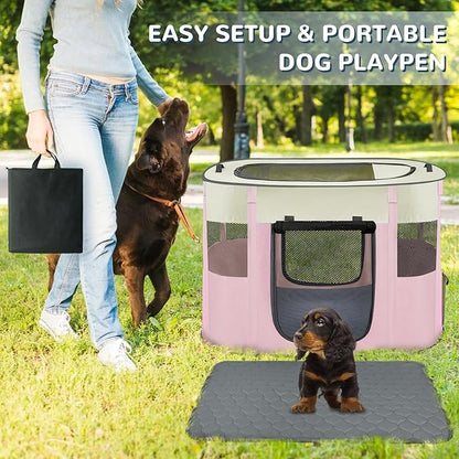 Portable Dog Cat Playpen with Waterproof Pad,Collapsible Pet Puppy Kitten Crate,Foldable Small Animals Kennel Cage for Indoor Outdoor Travel Camping,Water-Resistant Breathable Shade Cover (Pink M)
