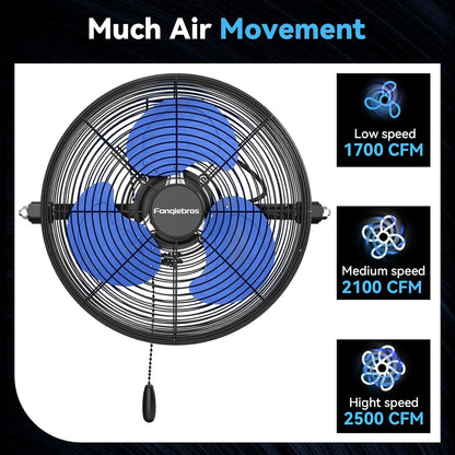 12 IN High Velocity Wall Mount Fan, 3 Speed Industrial Wall Fan with Sealed Motor, 2500 CFM Adjustable Air Circulator for Garage, Commercial, Greenhouse, Warehouse & Gazebo Use, UL Listed